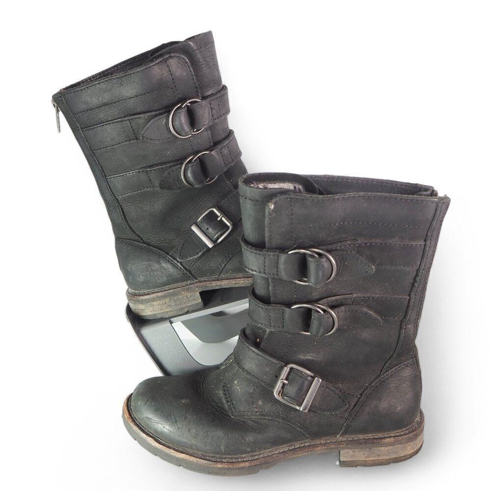 L.L. Bean Old Port Mid Moto Leather‎ Combat Boots Black 503185 Women's 6.5M
